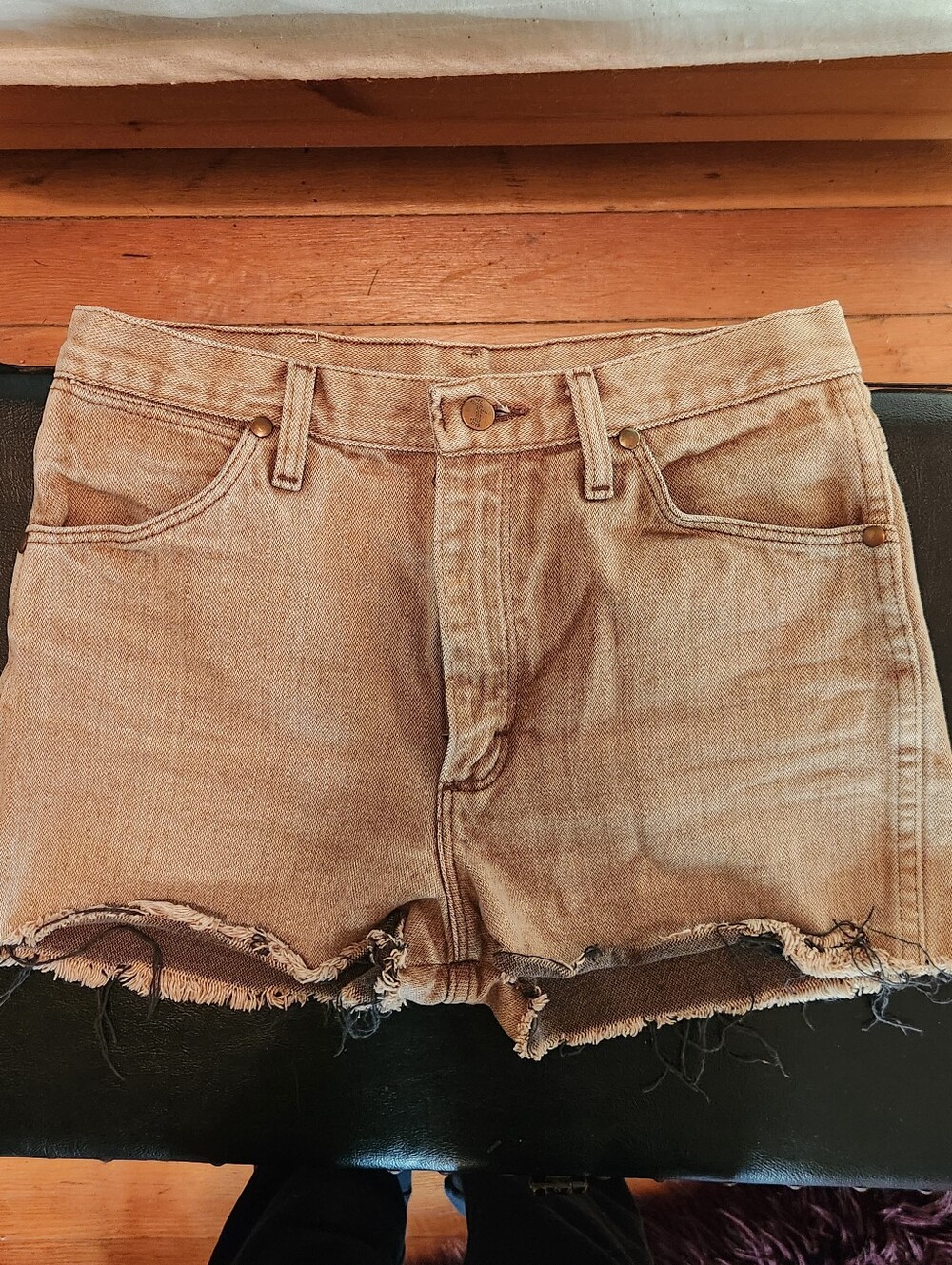 Wrangler Vintage Beige Cutoff Denim Shorts with Frayed Heme